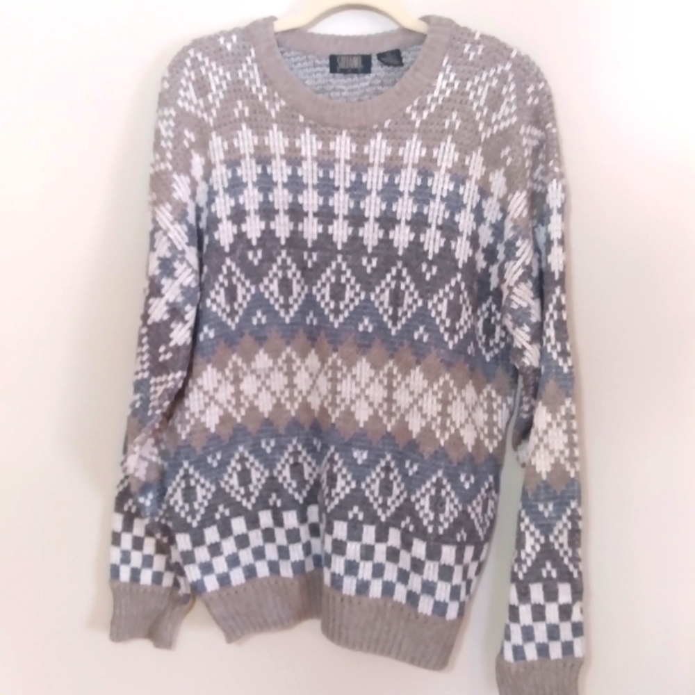 💚 Vintage Stefano Man Crew Neck Geometric Ramie Acrylic Sweater